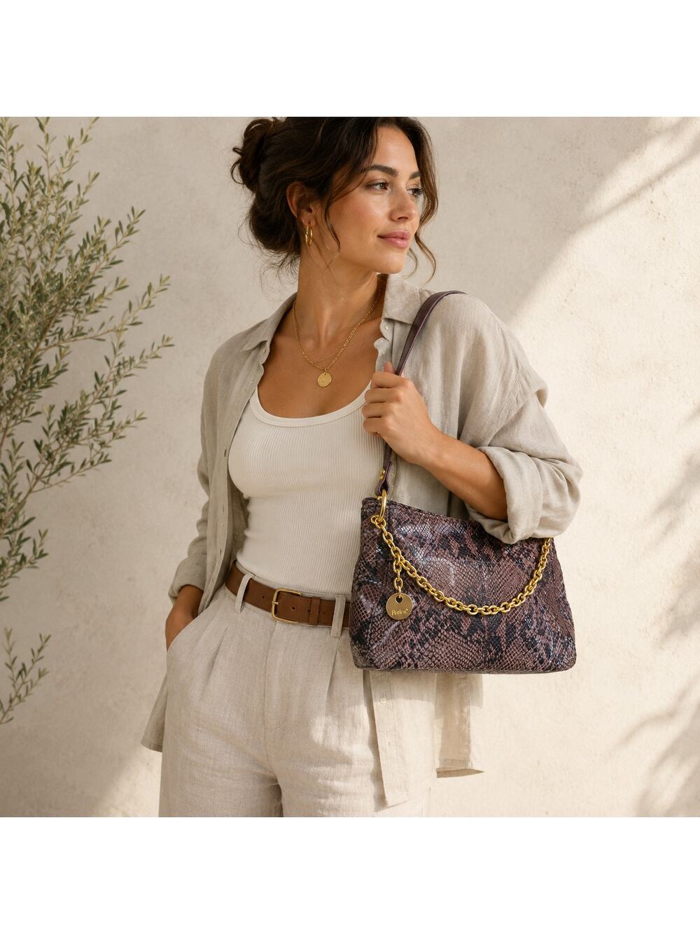 Perlina Y2K Snakeskin Leather Shoulder Bag Mauve Black Gold Chain Detail Charm